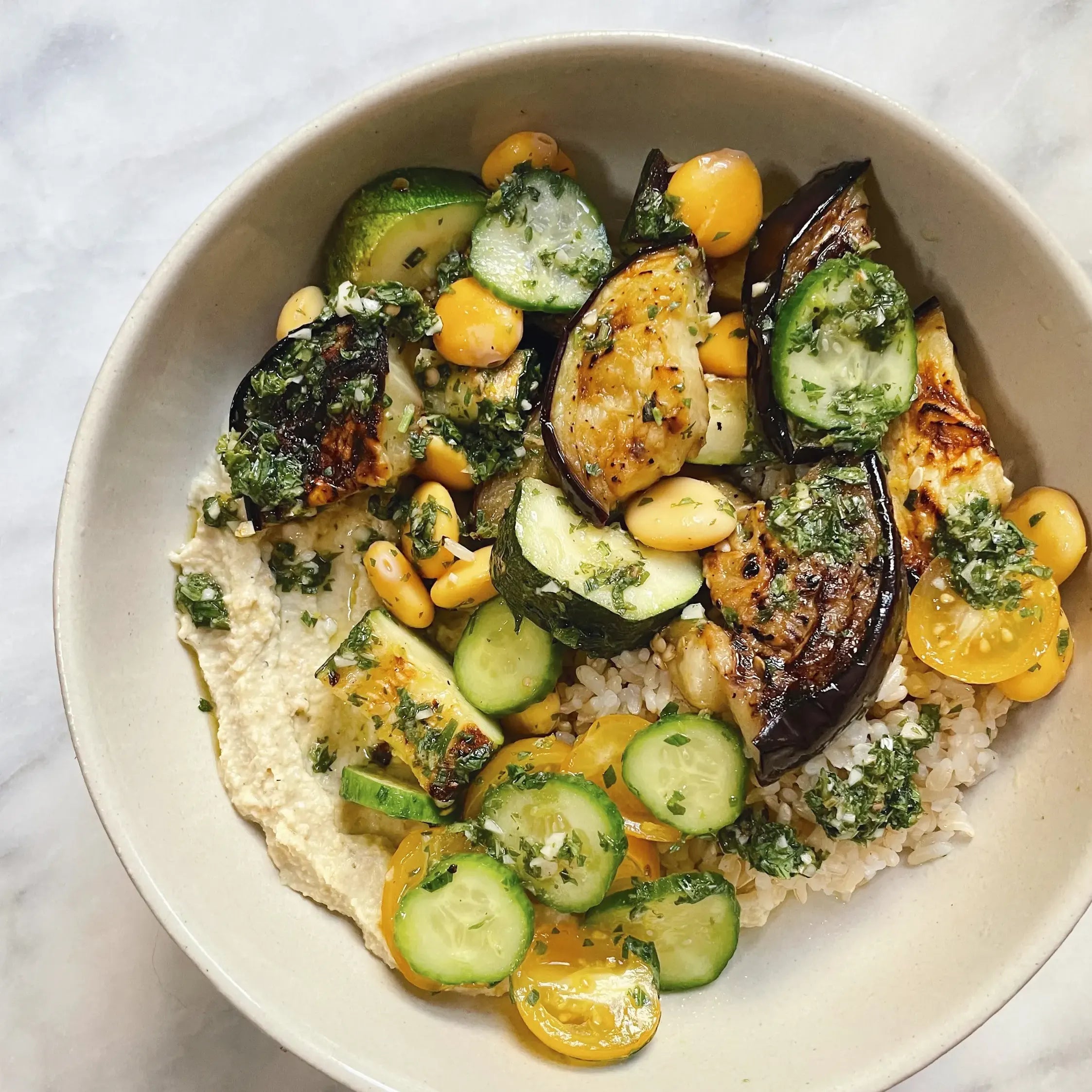 GRILLED VEGGIE HUMMUS BOWL WITH MINT CHIMICHURRI